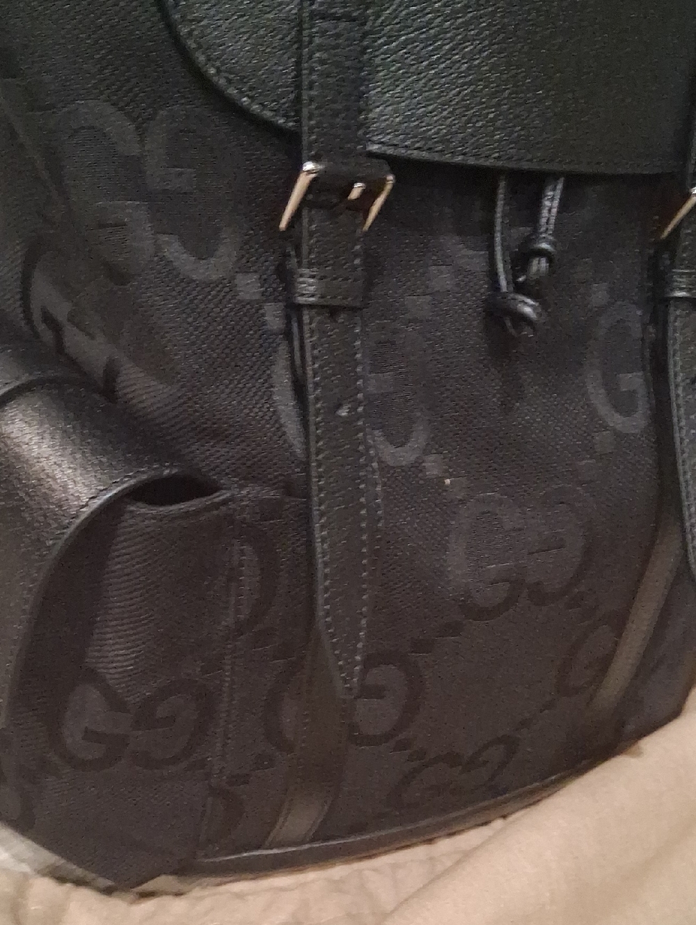 Gucci Black GG Canvas Drawstring Flap Backpack with Leather Trim - Picture 2 of 7